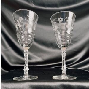Rock Sharpe Etched Floral Water Goblets Set of 2 Clear Glass 7.875in MCM